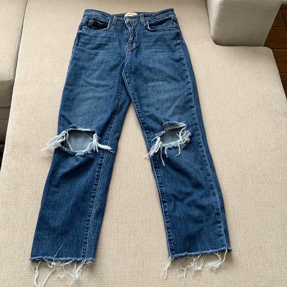 L'AGENCE Denim - L’Agence Straight Leg High Rise Distressed Knee Audrina medium wash jeans 27